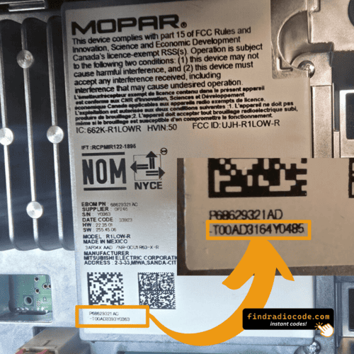 Uconnect R1 platform T00AD serial number on Mopar R1LOW-R radio label