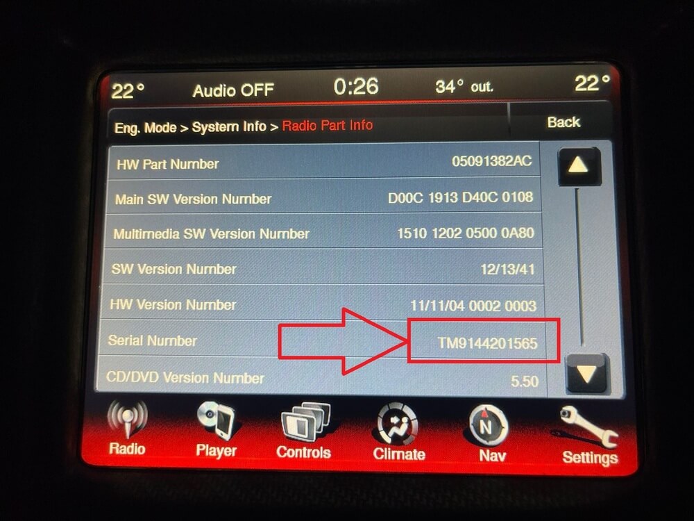 Uconnect serial number on screen - example 2